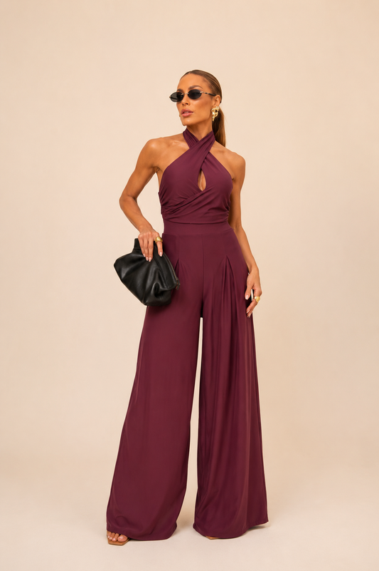 Burgundy Halter Wide-Leg Jumpsuit