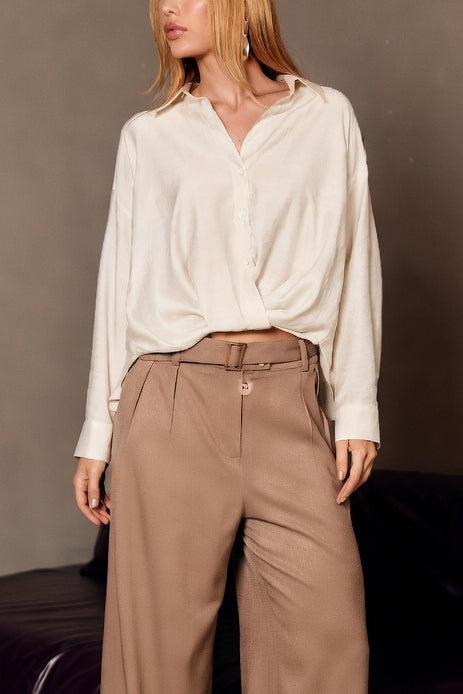 Off White Linen Blend Button-Down Shirt