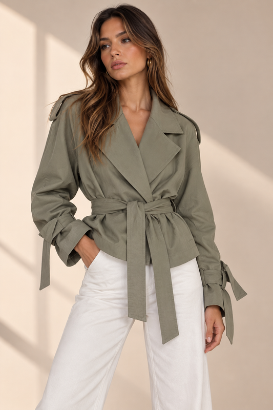 Olive Cropped Belted Trench Jacket