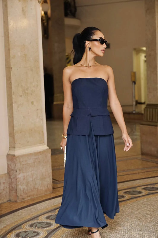 Navy Strapless Midi Dress