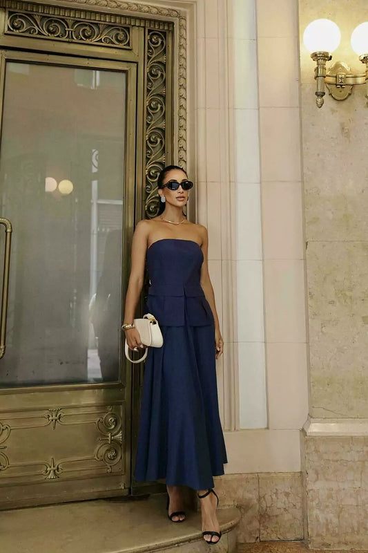Navy Strapless Midi Dress