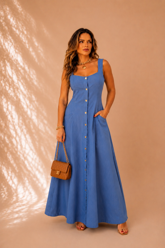 Denin Blue Rayon Button Front Maxi Dress