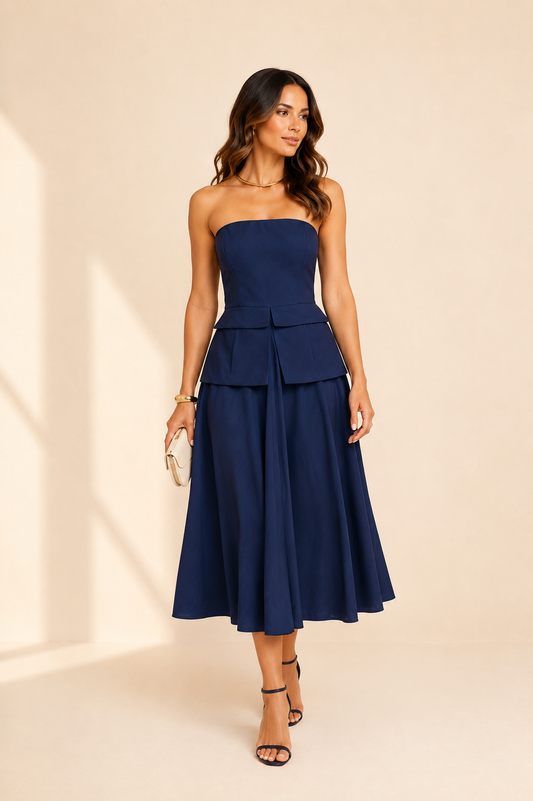 Navy Strapless Midi Dress