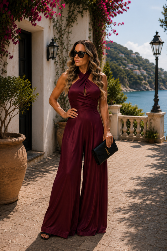 Burgundy Halter Wide-Leg Jumpsuit
