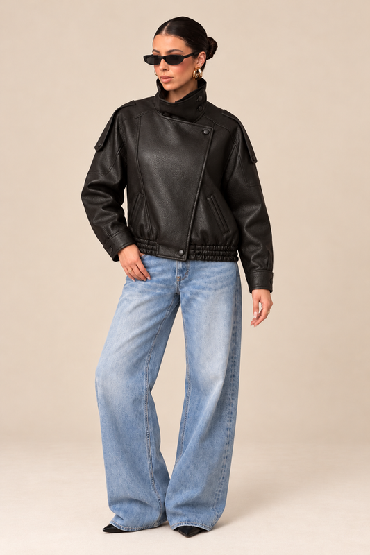 Black Faux Leather High - Neck Jacket