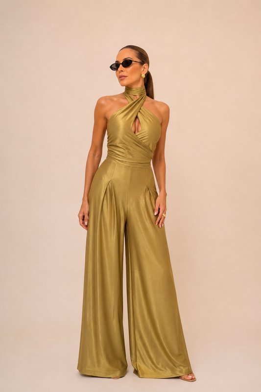 Gold Halter Wide-Leg Jumpsuit