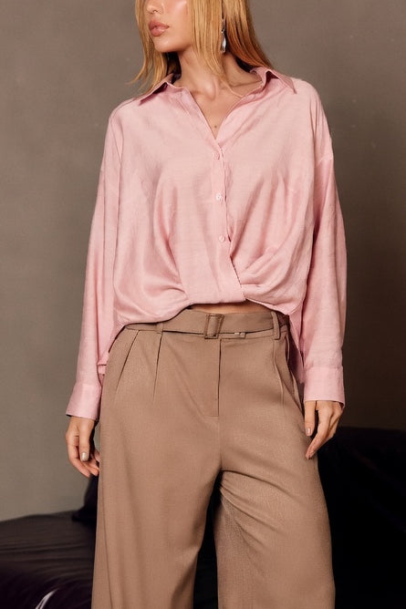 Pink Linen Blend Button-Down Shirt