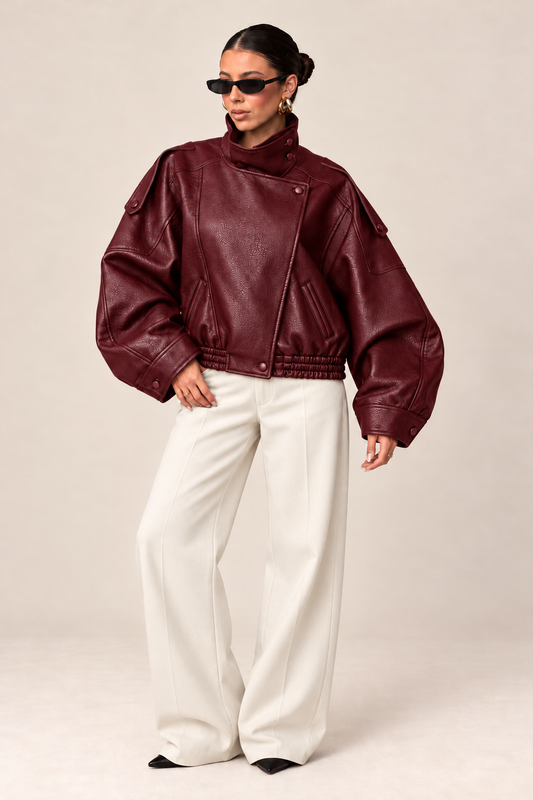 Burgundy Oversized Faux Leather Jacket