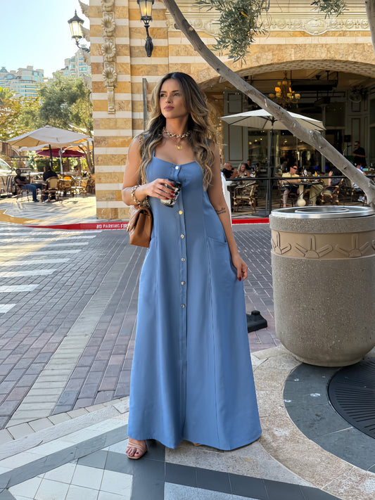 Denin Blue Rayon Button Front Maxi Dress
