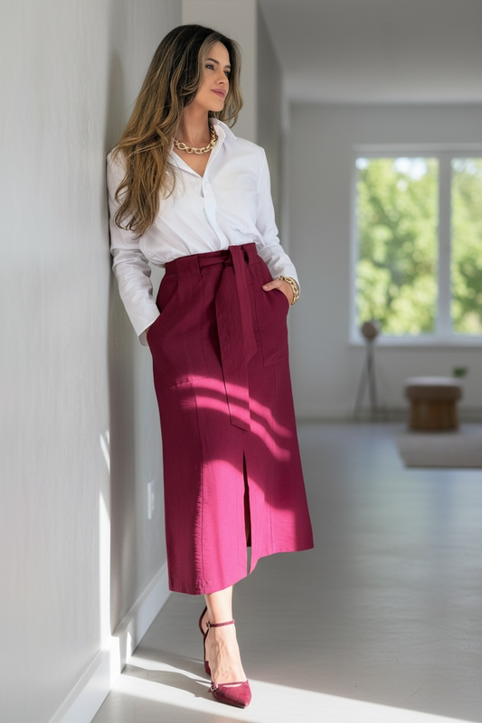 Burgundy Tailored Rayon Midi Skirt