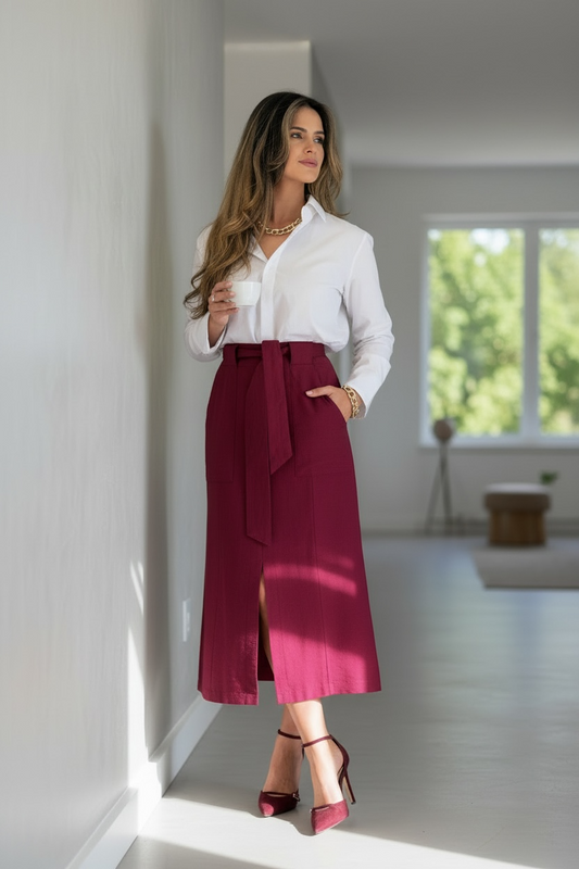 Burgundy Tailored Rayon Midi Skirt
