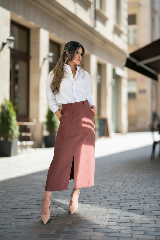 Brown Tailored Rayon Midi Skirt