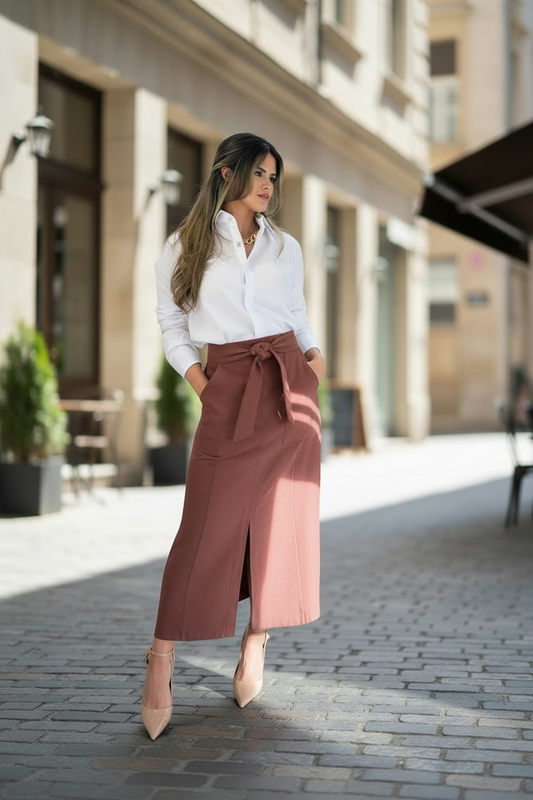 Brown Tailored Rayon Midi Skirt