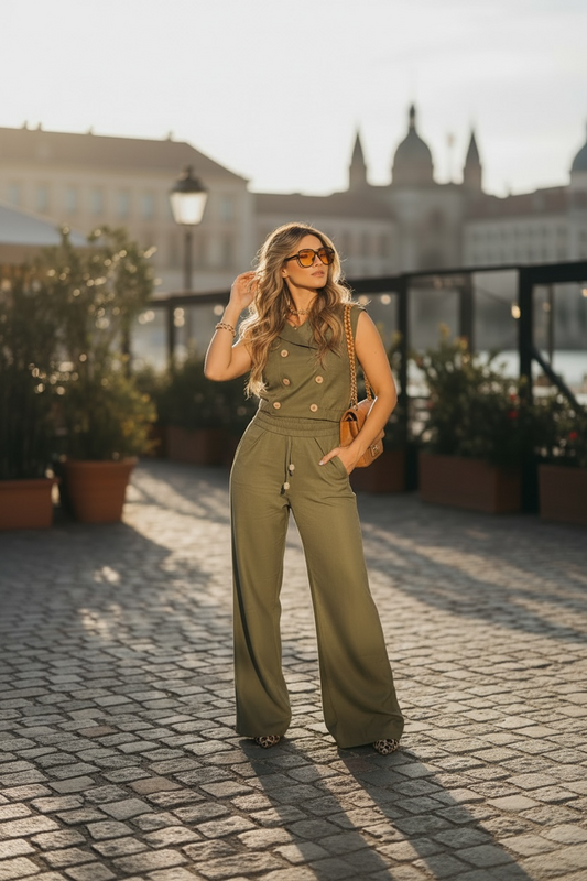 Olive Green Rayon Elastic Waist Set