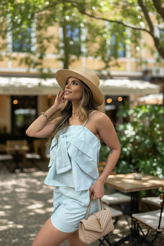 Light Blue Rayon Bow Detail Short Set