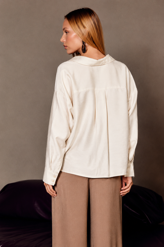 Off White Linen Blend Button-Down Shirt